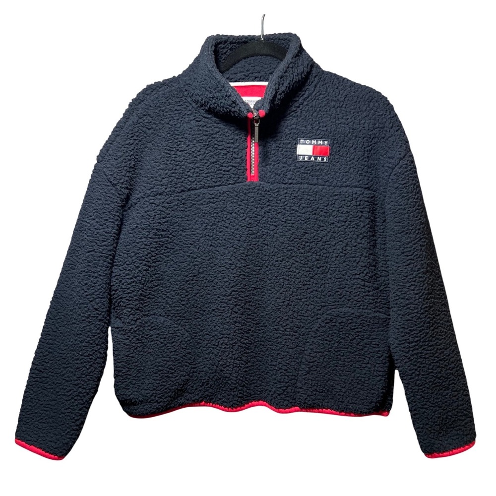 Tommy Jeans Womens Navy Blue Sherpa Fleece Quarter Zip Pullover Jacket Size M